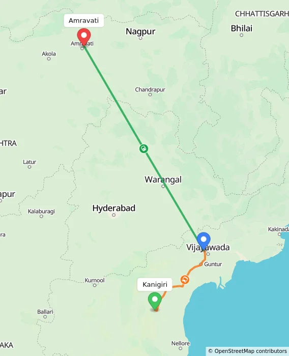 Route map showing distance and travel time from Kanigiri, India to Amravati, India