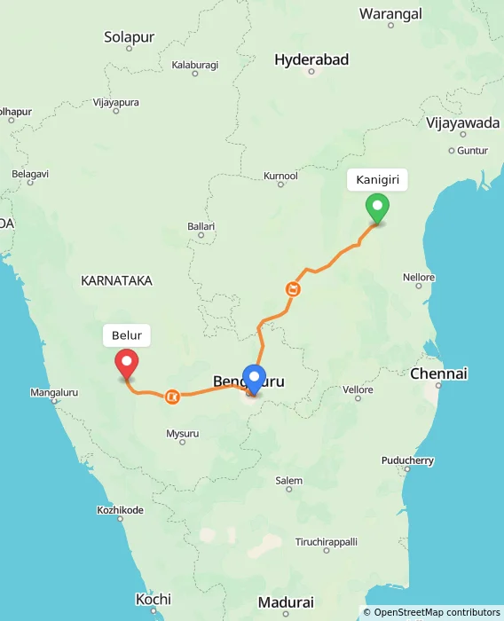 Route map showing distance and travel time from Kanigiri, India to Belur, India
