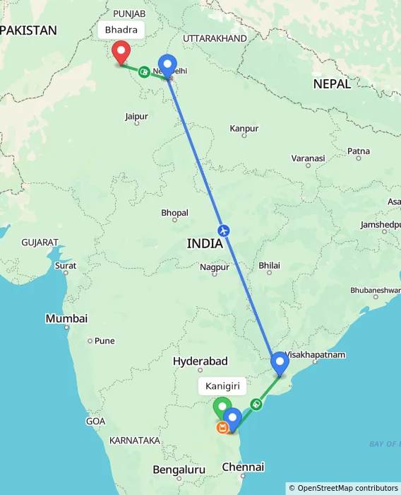 Route map showing distance and travel time from Kanigiri, India to Bhadra, India