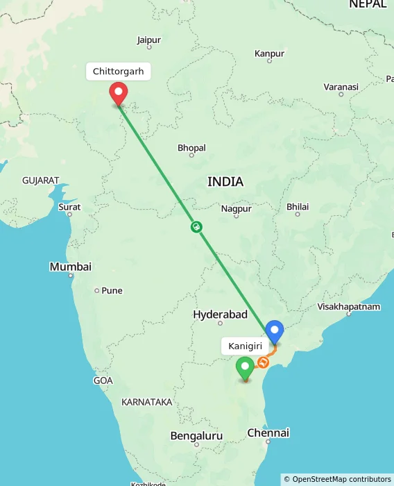 Route map showing distance and travel time from Kanigiri, India to Chittorgarh, India