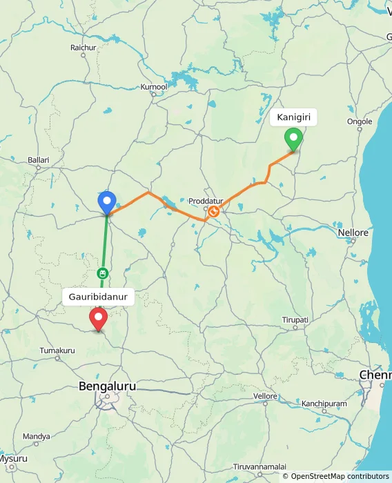 Route map showing distance and travel time from Kanigiri, India to Gauribidanur, India