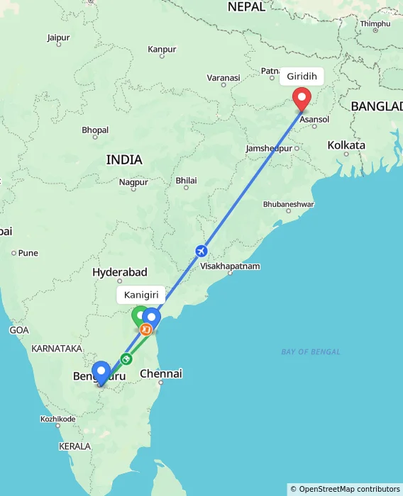 Route map showing distance and travel time from Kanigiri, India to Giridih, India