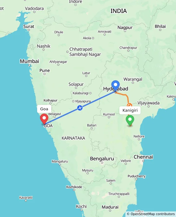Route map showing distance and travel time from Kanigiri, India to Goa, India