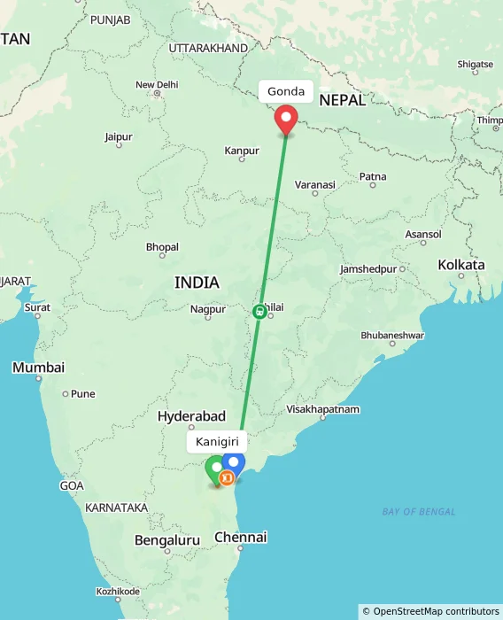 Route map showing distance and travel time from Kanigiri, India to Gonda, India