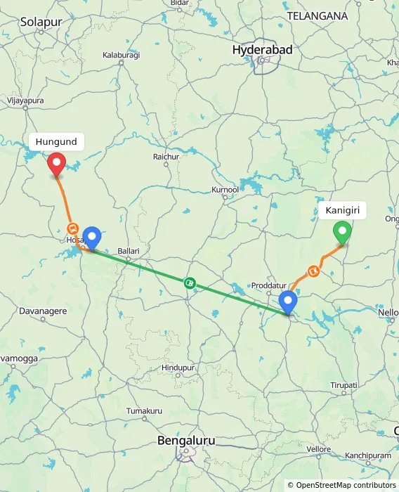 Route map showing distance and travel time from Kanigiri, India to Hungund, India