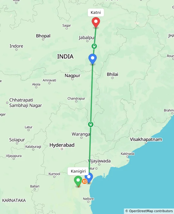 Route map showing distance and travel time from Kanigiri, India to Katni, India