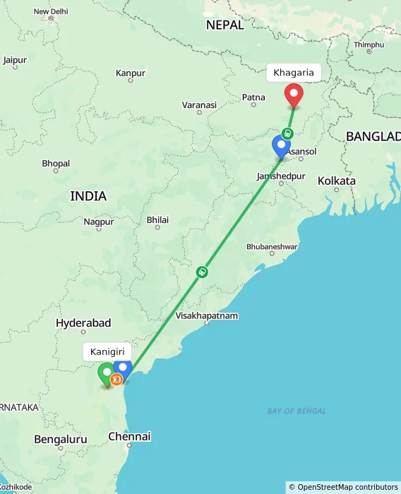 Route map showing distance and travel time from Kanigiri, India to Khagaria, India