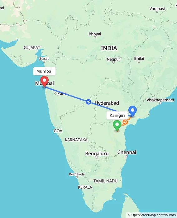 Route map showing distance and travel time from Kanigiri, India to Mumbai, India