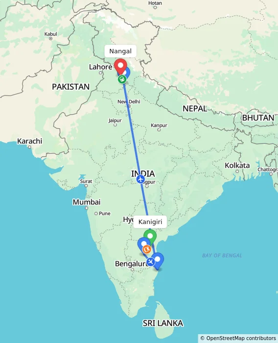 Route map showing distance and travel time from Kanigiri, India to Nangal, India