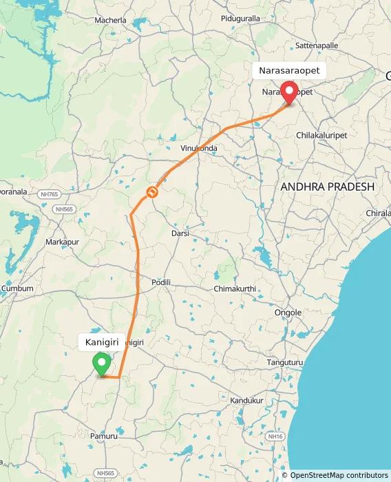 Route map showing distance and travel time from Kanigiri, India to Narasaraopet, India