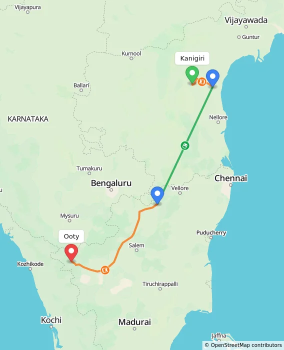 Route map showing distance and travel time from Kanigiri, India to Ooty, India