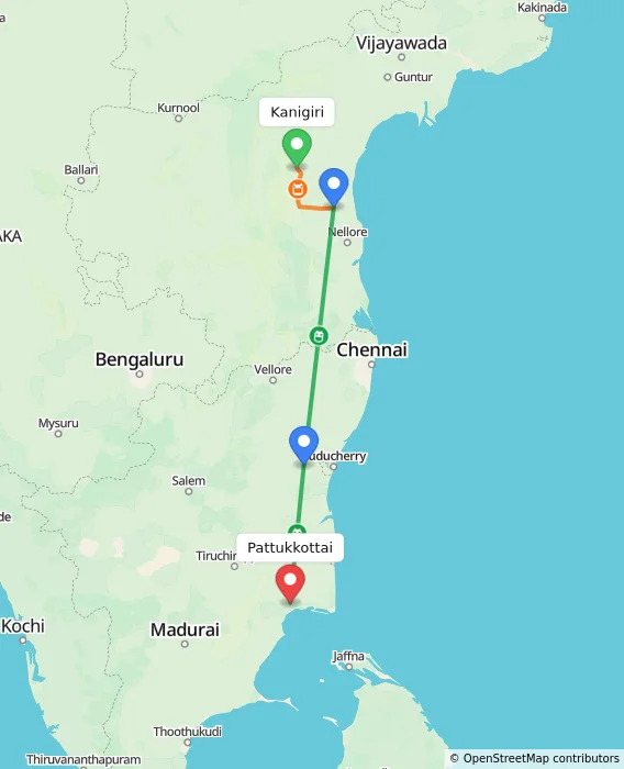 Route map showing distance and travel time from Kanigiri, India to Pattukkottai, India