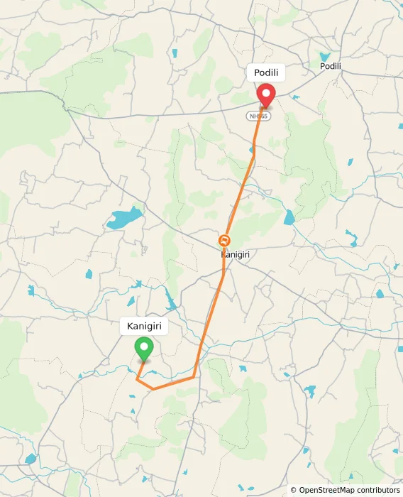 Route map showing distance and travel time from Kanigiri, India to Podili, India