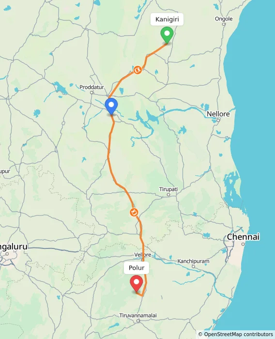Route map showing distance and travel time from Kanigiri, India to Polur, India