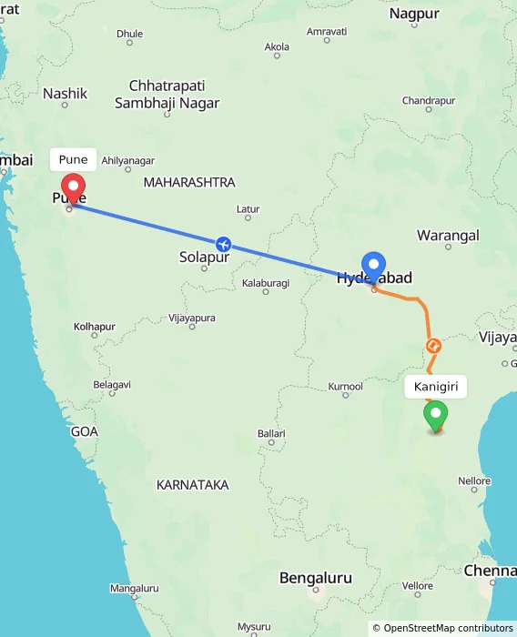 Route map showing distance and travel time from Kanigiri, India to Pune, India