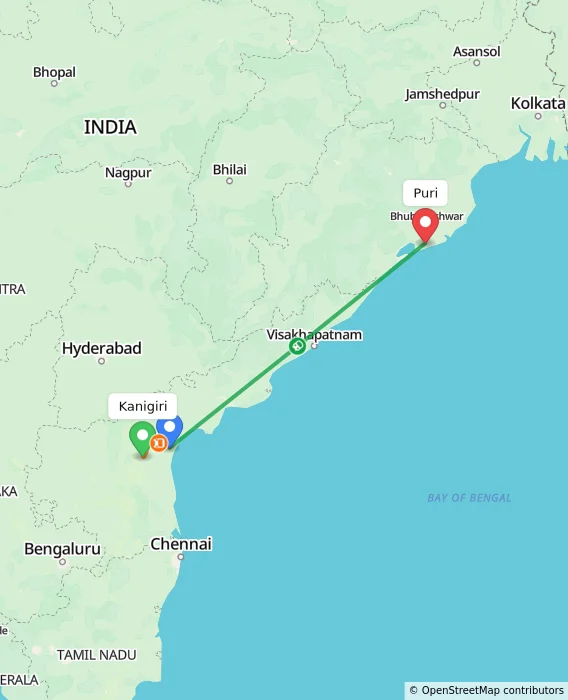 Route map showing distance and travel time from Kanigiri, India to Puri, India