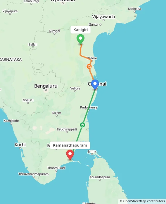 Route map showing distance and travel time from Kanigiri, India to Ramanathapuram, India