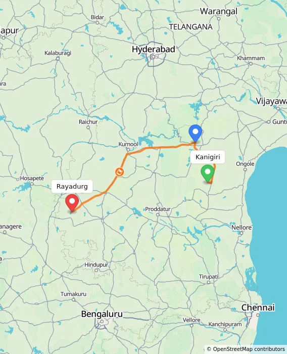 Route map showing distance and travel time from Kanigiri, India to Rayadurg, India
