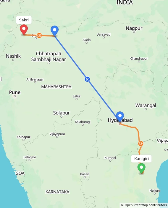 Route map showing distance and travel time from Kanigiri, India to Sakri, India