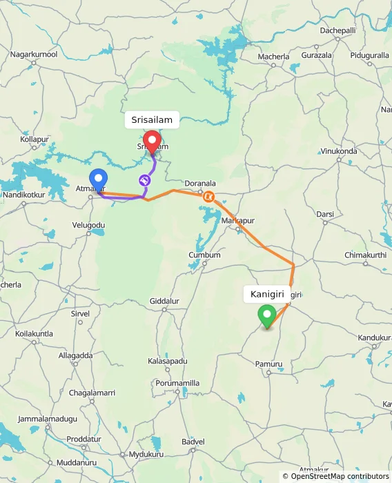 Route map showing distance and travel time from Kanigiri, India to Srisailam, India