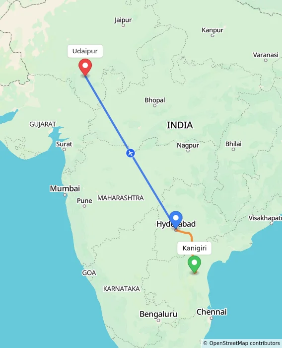 Route map showing distance and travel time from Kanigiri, India to Udaipur, India