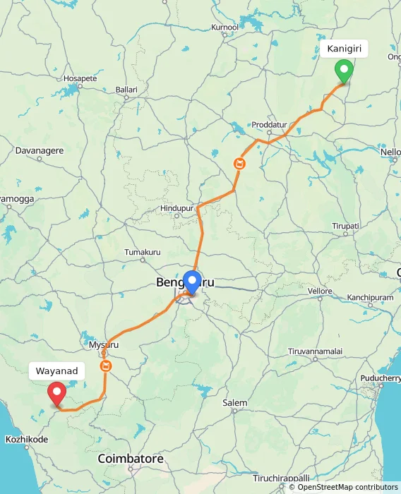 Route map showing distance and travel time from Kanigiri, India to Wayanad, India
