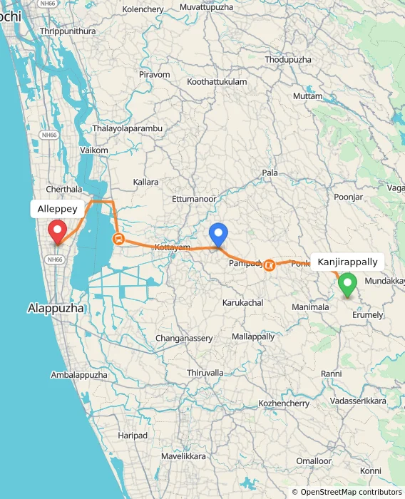 Route map showing distance and travel time from Kanjirappally, India to Alappuzha, India