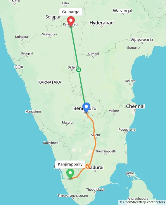 Route map showing distance and travel time from Kanjirappally, India to Gulbarga, India