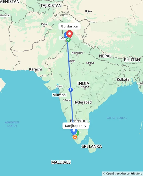 Route map showing distance and travel time from Kanjirappally, India to Gurdaspur, India