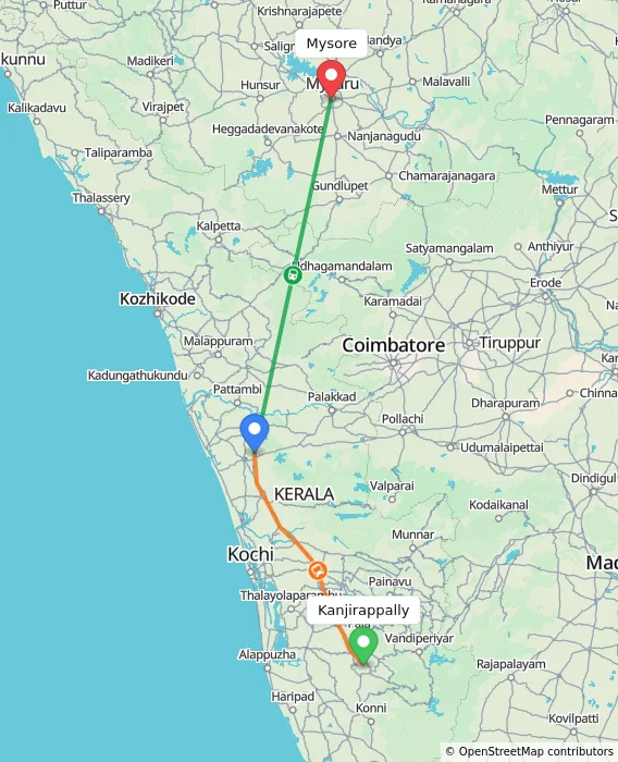 Route map showing distance and travel time from Kanjirappally, India to Mysore, India