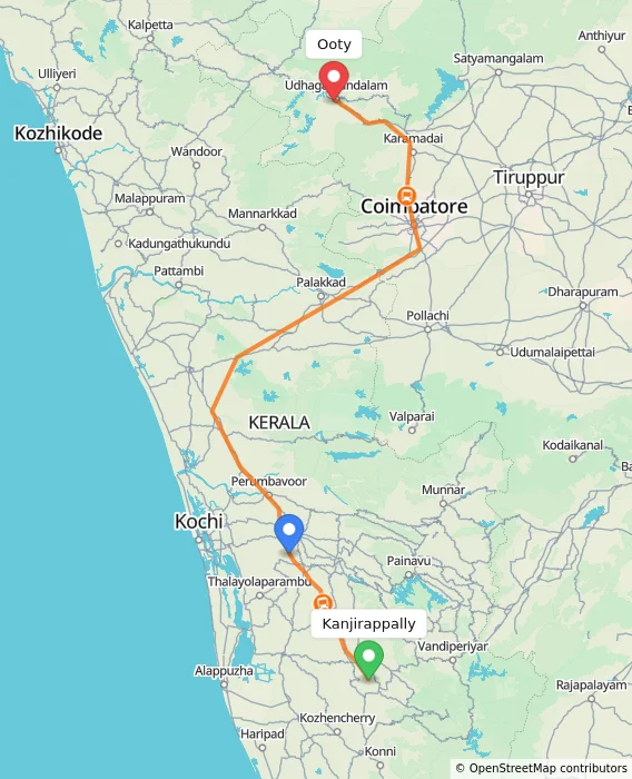 Route map showing distance and travel time from Kanjirappally, India to Ooty, India