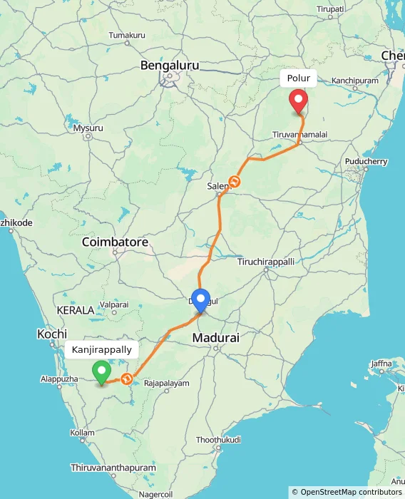 Route map showing distance and travel time from Kanjirappally, India to Polur, India