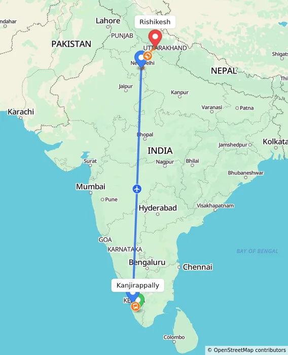 Route map showing distance and travel time from Kanjirappally, India to Rishikesh, India