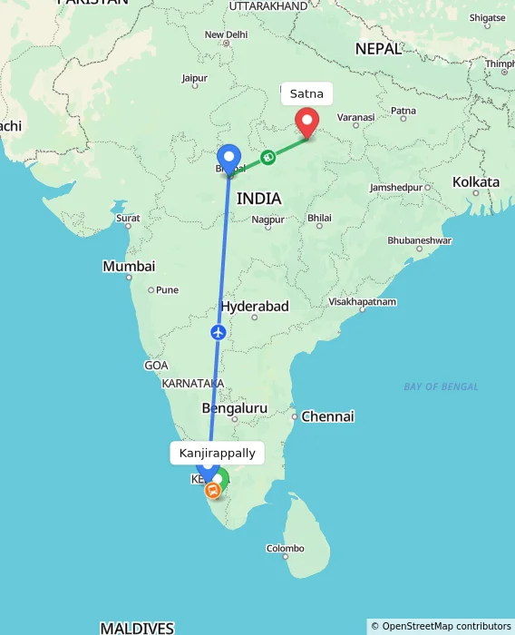 Route map showing distance and travel time from Kanjirappally, India to Satna, India