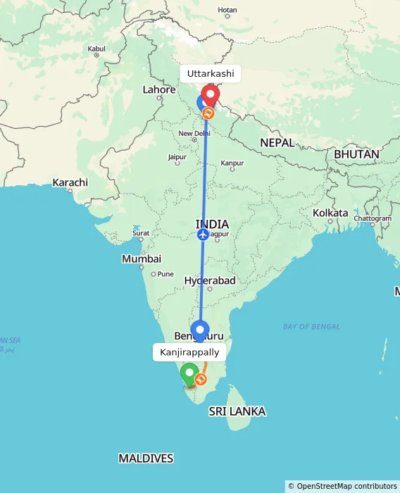 Route map showing distance and travel time from Kanjirappally, India to Uttarkashi, India