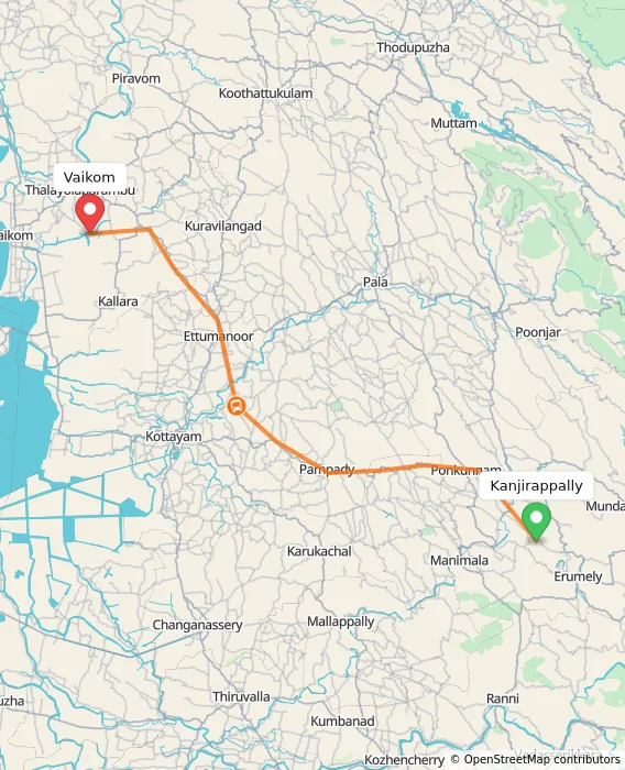 Route map showing distance and travel time from Kanjirappally, India to Vaikom, India