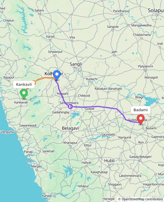 Route map showing distance and travel time from Kankavli, India to Badami, India