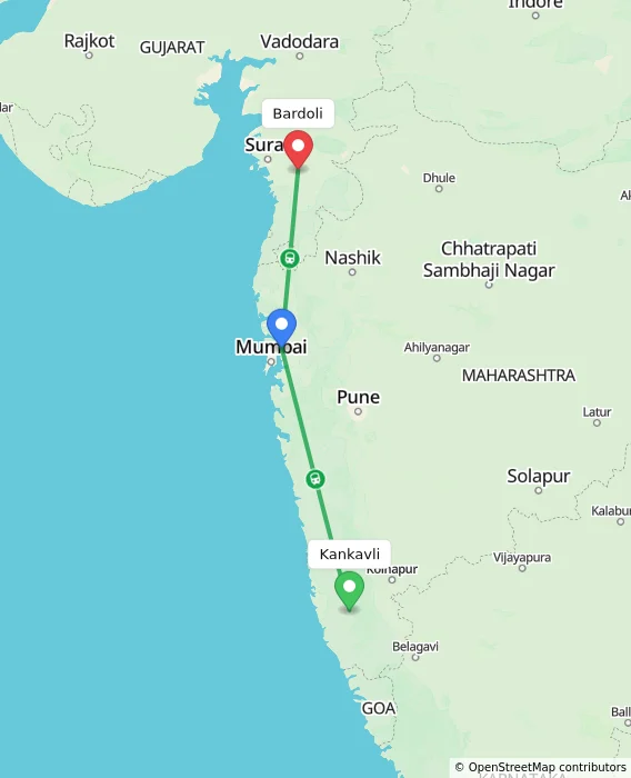 Route map showing distance and travel time from Kankavli, India to Bardoli, India