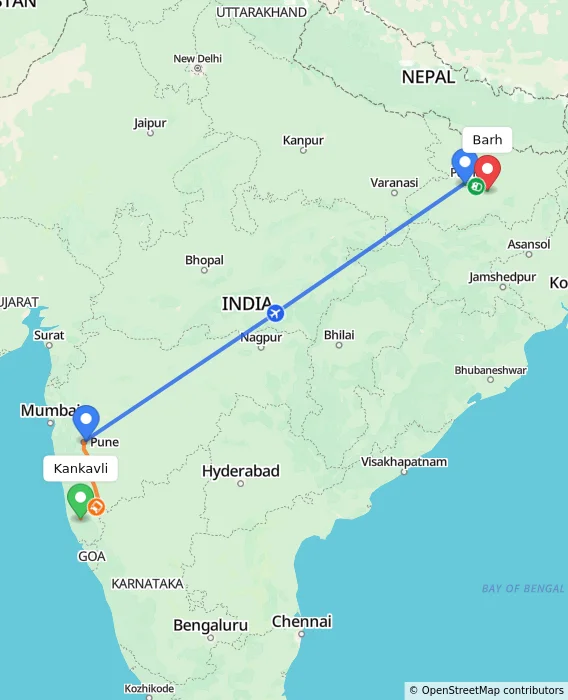 Route map showing distance and travel time from Kankavli, India to Barh, India