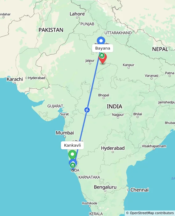 Route map showing distance and travel time from Kankavli, India to Bayana, India