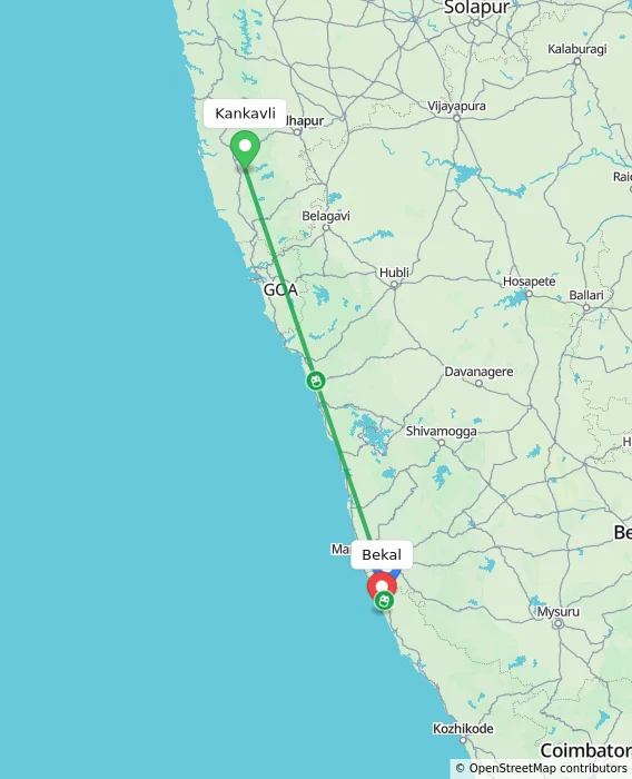 Route map showing distance and travel time from Kankavli, India to Bekal, India