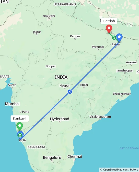 Route map showing distance and travel time from Kankavli, India to Bettiah, India