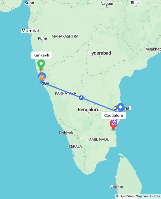 Route map showing distance and travel time from Kankavli, India to Cuddalore, India
