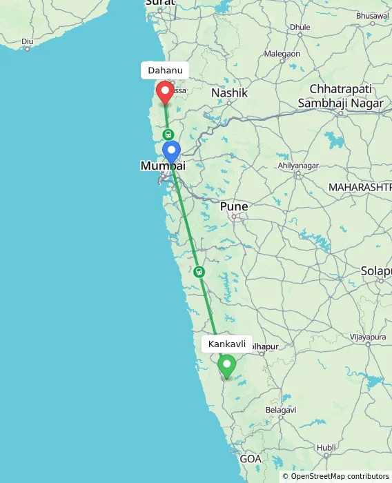 Route map showing distance and travel time from Kankavli, India to Dahanu, India