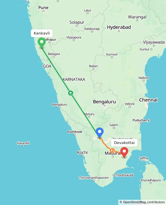 Route map showing distance and travel time from Kankavli, India to Devakottai, India