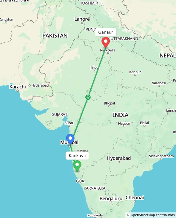 Route map showing distance and travel time from Kankavli, India to Ganaur, India