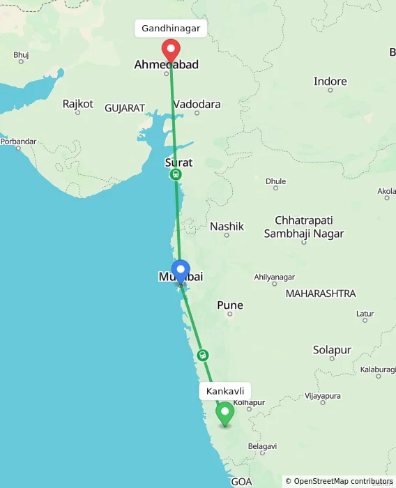 Route map showing distance and travel time from Kankavli, India to Gandhinagar, India