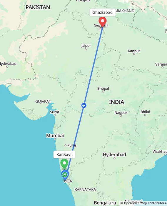 Route map showing distance and travel time from Kankavli, India to Ghaziabad, India