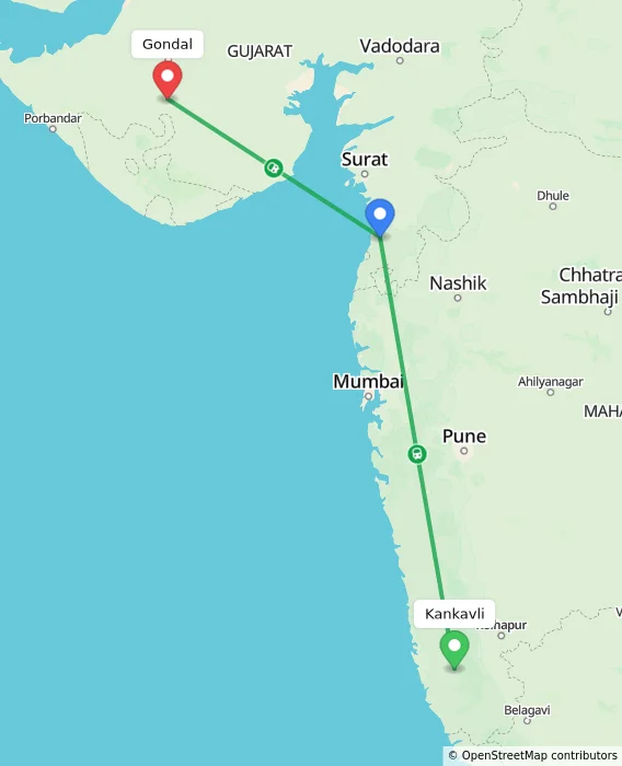 Route map showing distance and travel time from Kankavli, India to Gondal, India