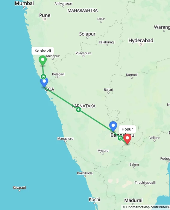 Route map showing distance and travel time from Kankavli, India to Hosur, India